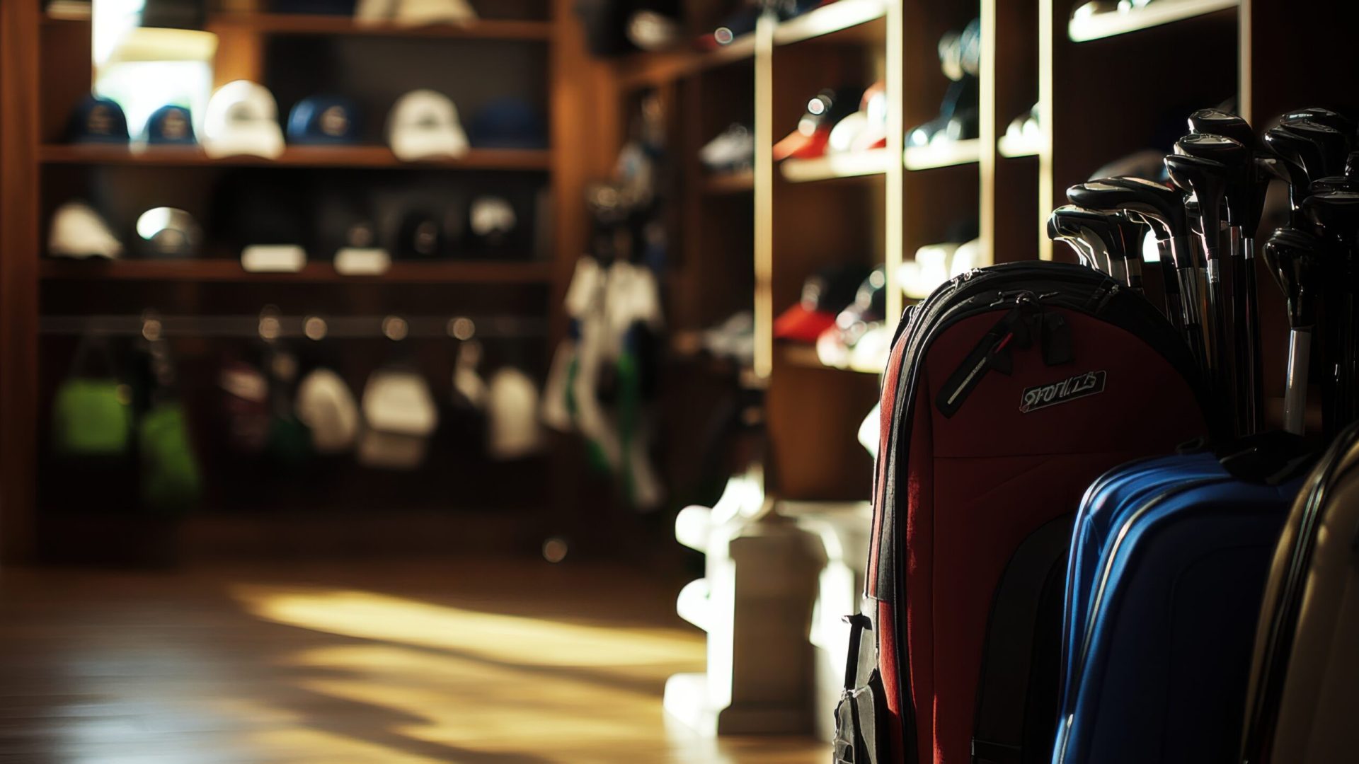 Golf equipment neatly arranged in a stylish golf shop, illuminated by natural light